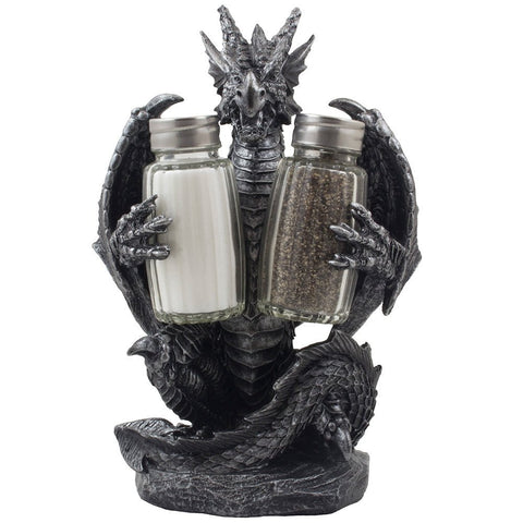 Home 'n Gifts dragón figura sostiene salero y pimienta para mesa temática