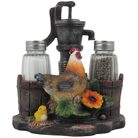 Home 'n Gifts gallina con bomba de agua y saleros de cristal para mesa rústica.