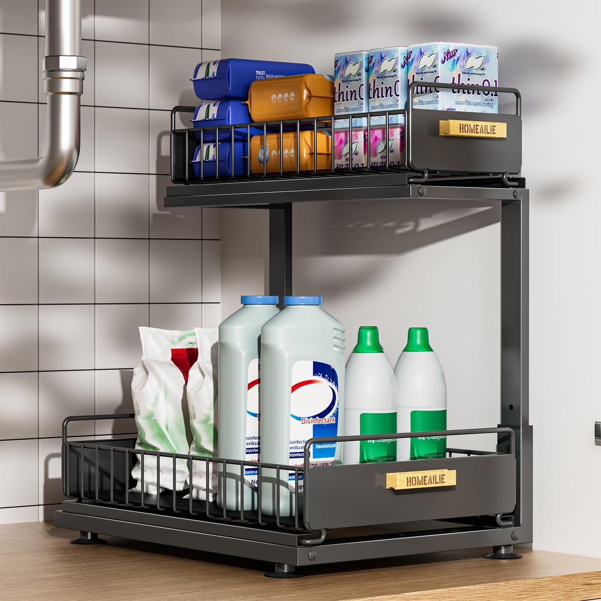 HOMEAILIE Organizador bajo fregadero con doble capa deslizante para más espacio.