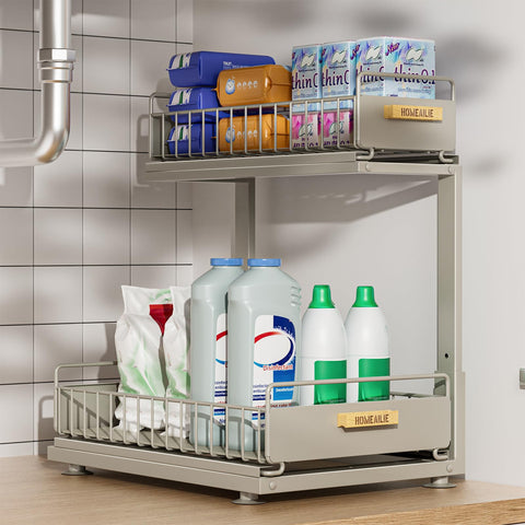 HOMEAILIE Organizador bajo fregadero de dos niveles ajustable para más espacio.