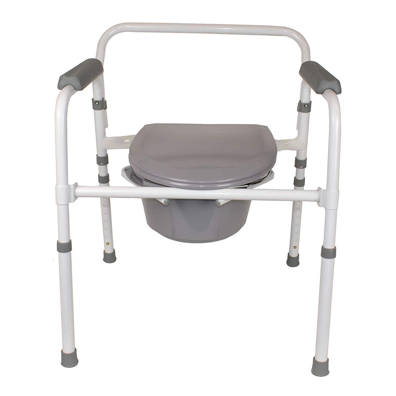 Homecraft commode frontal mostrando estructura de acero y reposabrazos para seguridad
