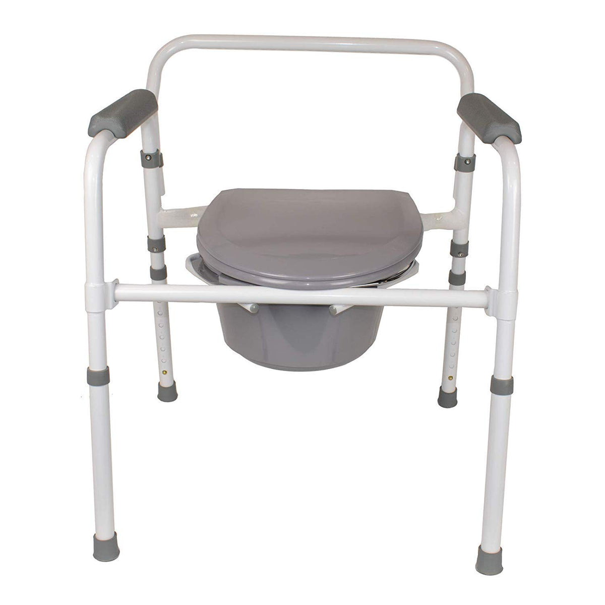Homecraft commode frontal mostrando estructura de acero y reposabrazos para seguridad