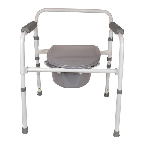 Homecraft commode frontal mostrando estructura de acero y reposabrazos para seguridad