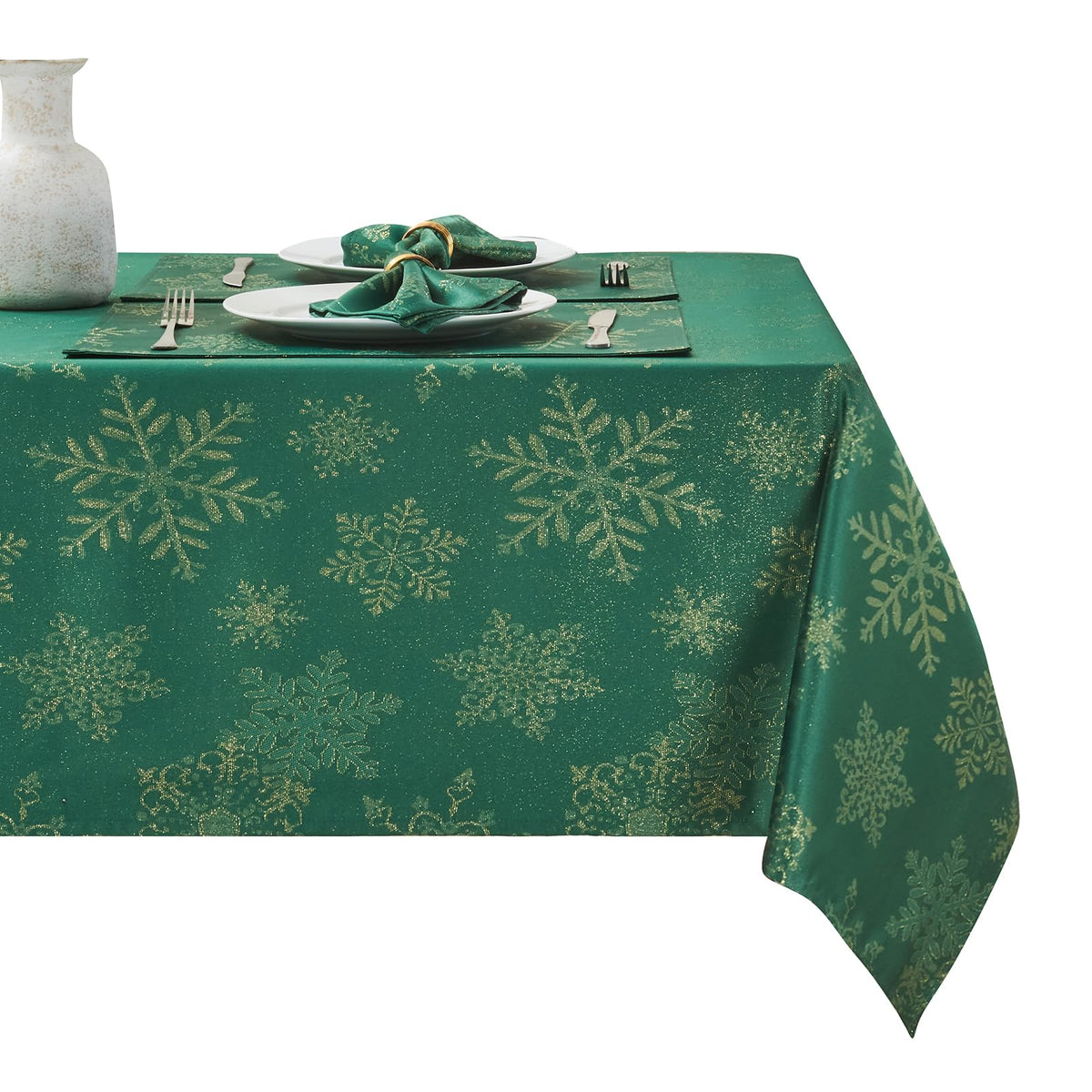 Mantel HomeJoy rectangular con copos de nieve metalicos brillantes para fiestas.