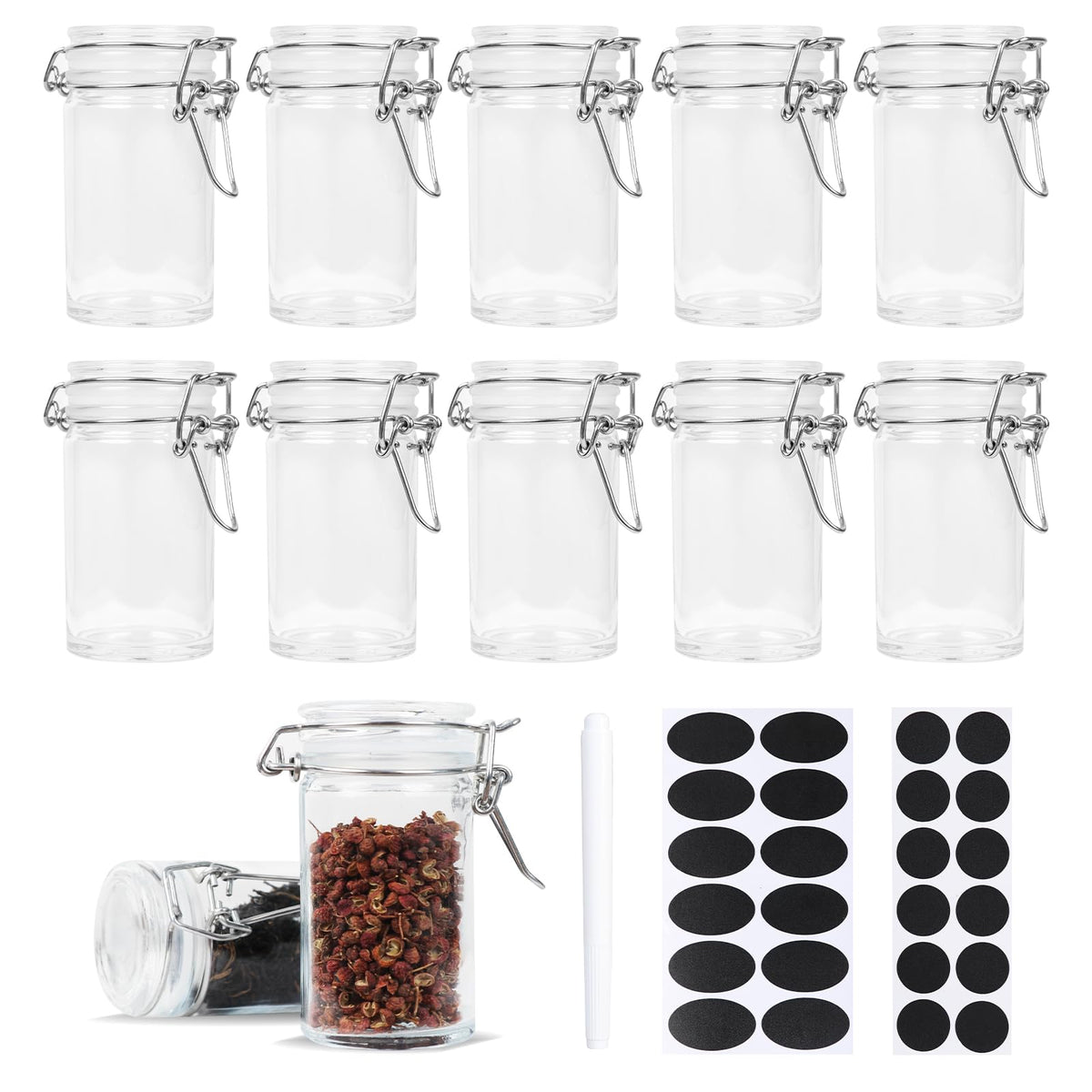 Frascos de vidrio Homelike Style mini 12 unidades con tapas abatibles para almacenamiento compacto.
