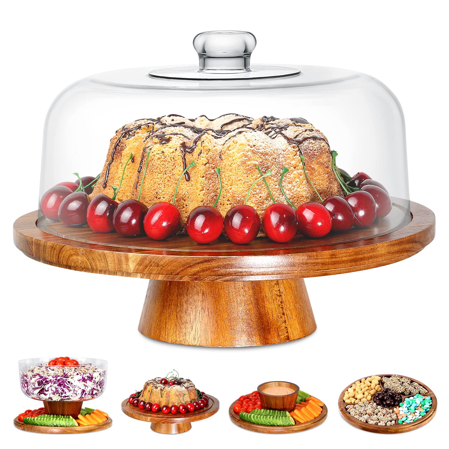Homeries platillo para tarta de acacia de 12 pulgadas con tapa, ideal para exhibir pasteles.