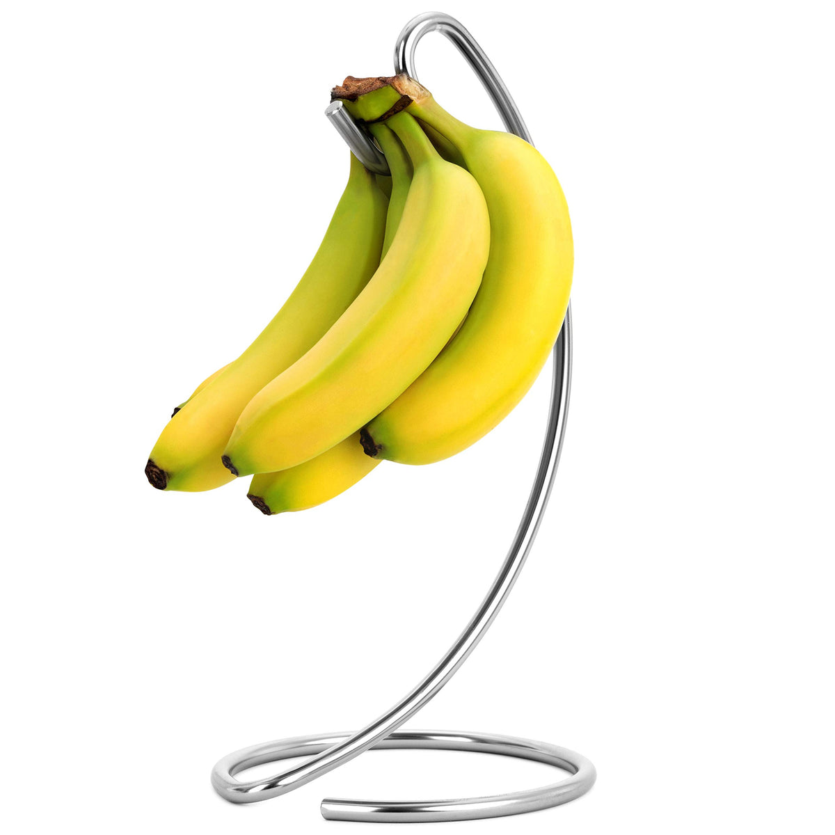 Soporte para platanos Homeries moderno con arbol colgante y acabado níquel satinado en encimera