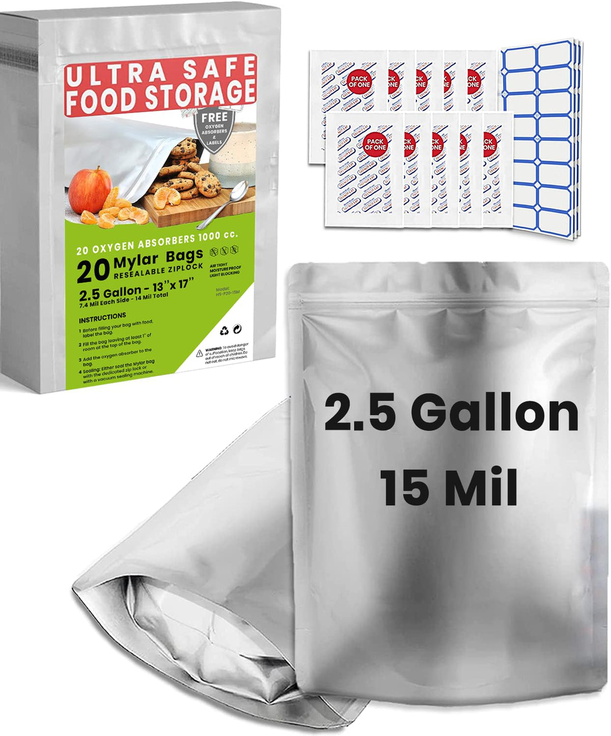 Home Sensei bolsas Mylar de 2,5 galones para almacenamiento prolongado de alimentos.