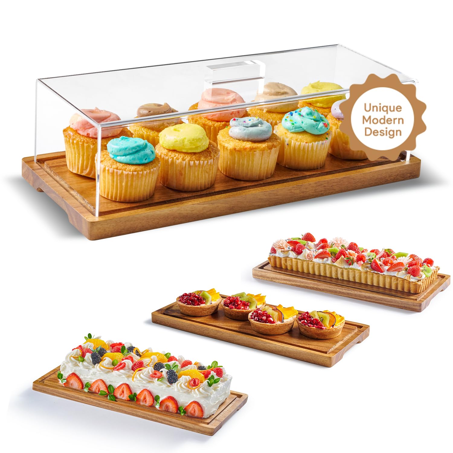 Expositor HOMESPHERE para tartas con tapa de acacia, ideal para servir pasteles.