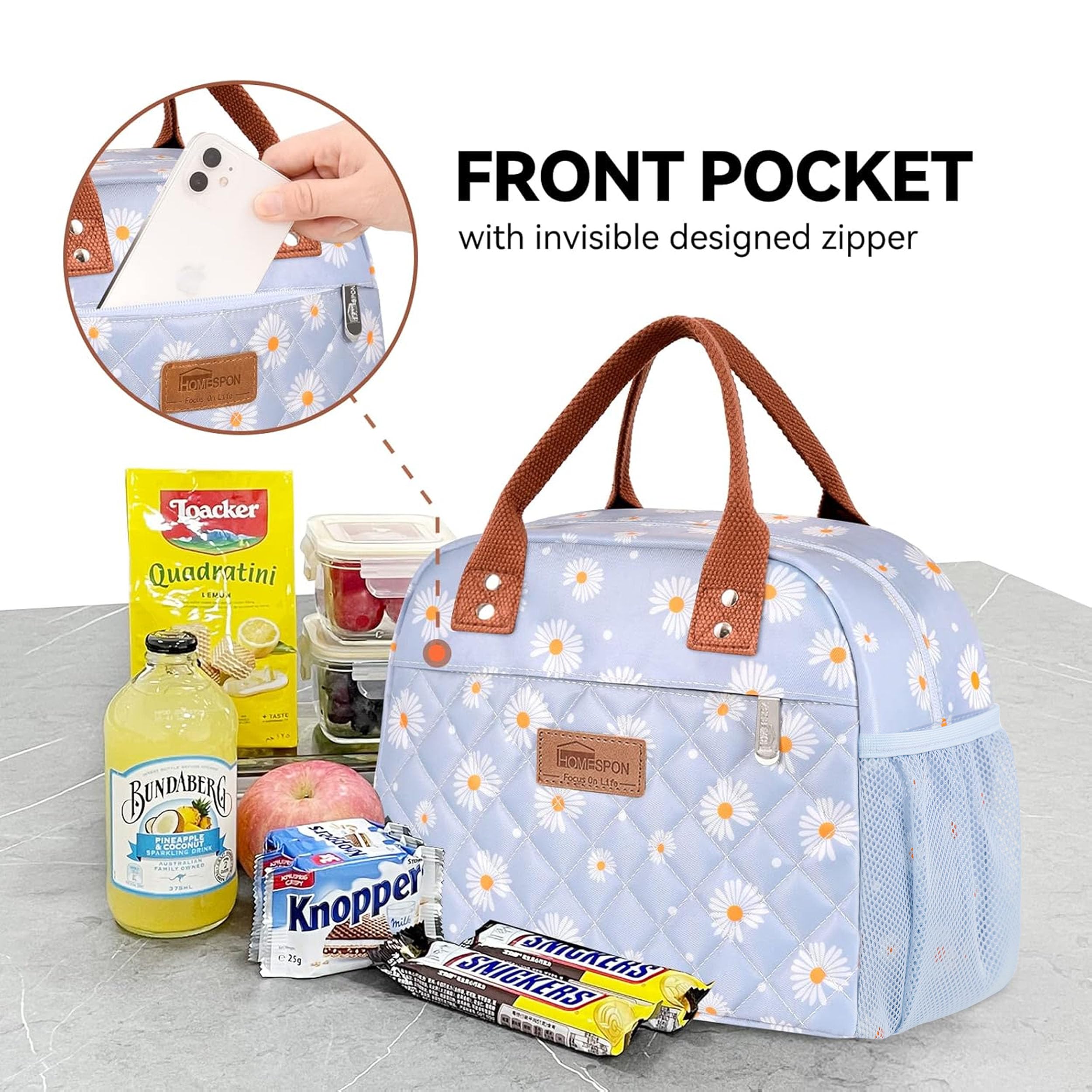 HOMESPON bolsa de almuerzo azul daisy detalle del bolsillo frontal