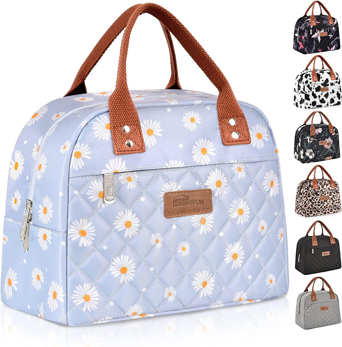 Bolsa HOMESPON para almuerzo con diseño azul floral y bolsillo frontal, ideal para oficina.