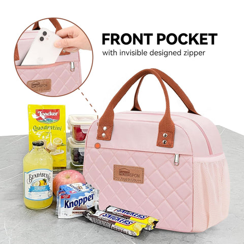 HOMESPON bolsa de almuerzo rosa con bolsillo frontal, práctico para teléfono y cubiertos.