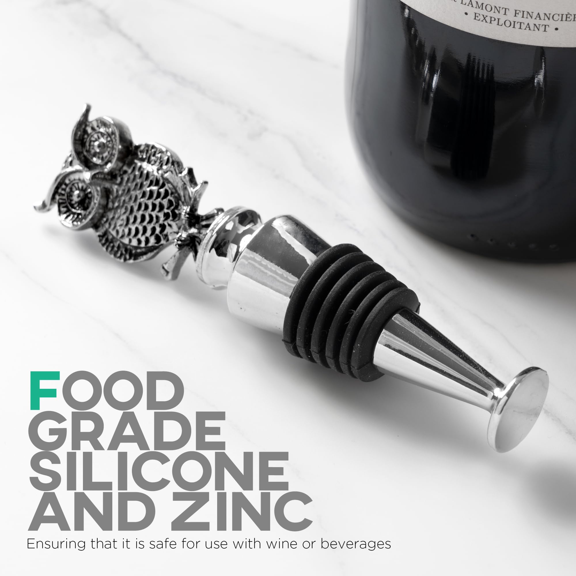 Homestia tapa de vino buho, versátil para botellas estándar.