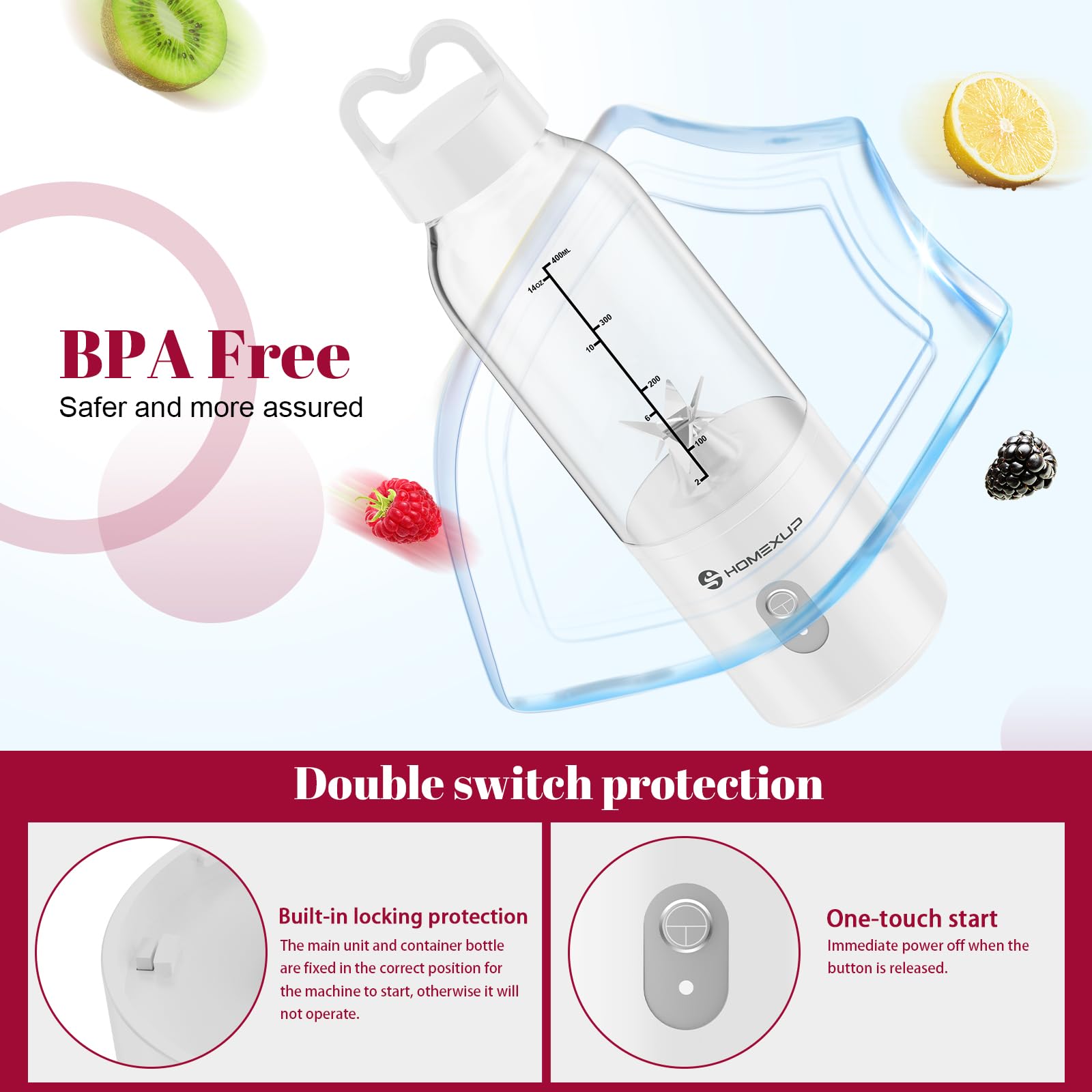Licuadora HOMEXUP Portátil 17oz, batido de frutas fresco en segundos.