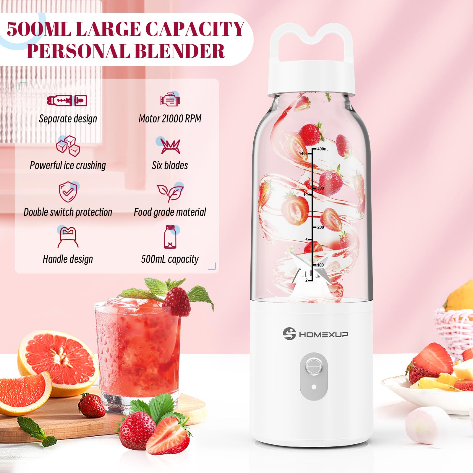 Licuadora HOMEXUP Portátil 17oz, tapa desmontable para limpieza fácil.