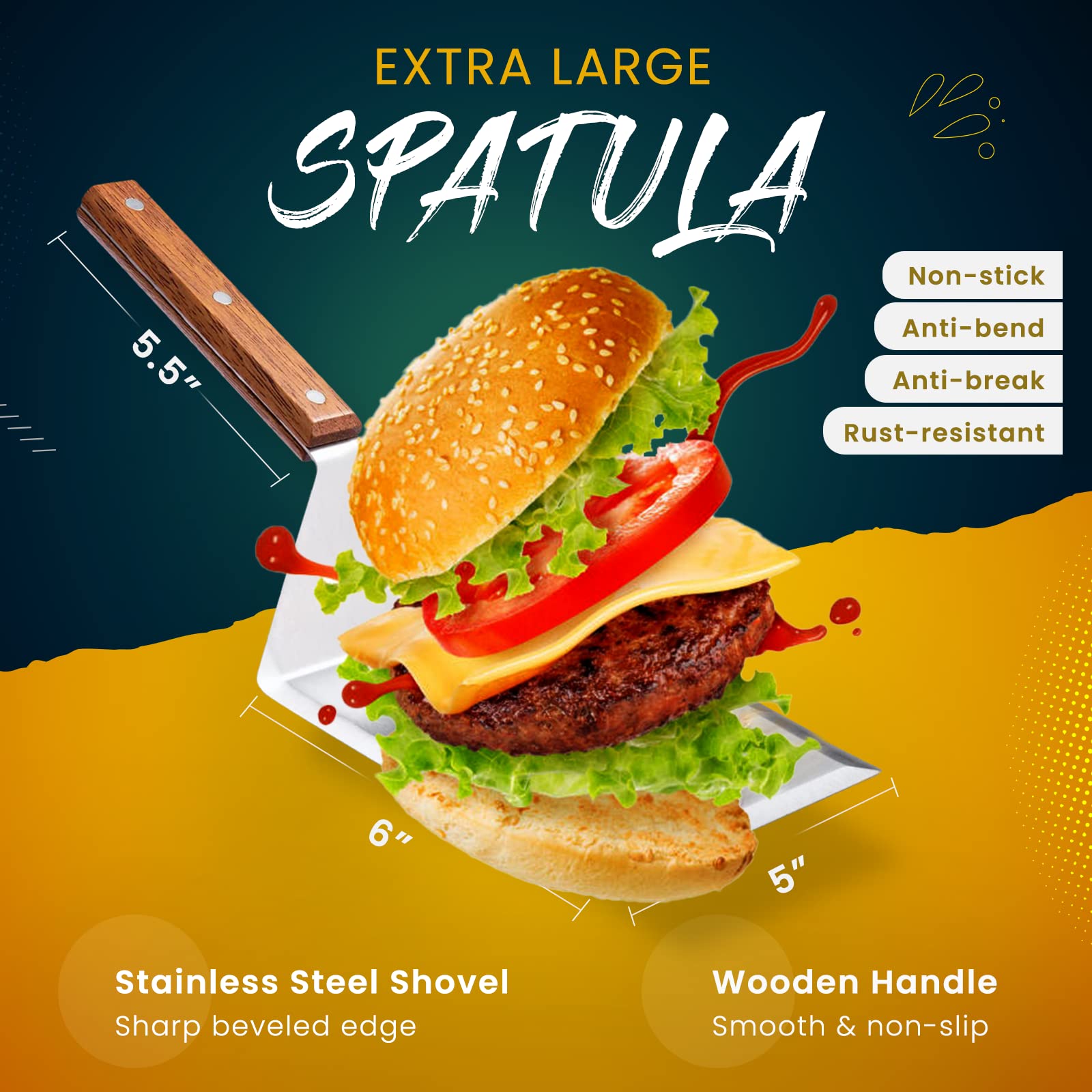 Homi Styles espátula de acero inoxidable 420J2, duradera para parrilla y plancha.