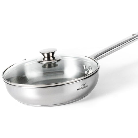 Sartén HOMICHEF frente espejo, acabado brillante para cocina y mesa.