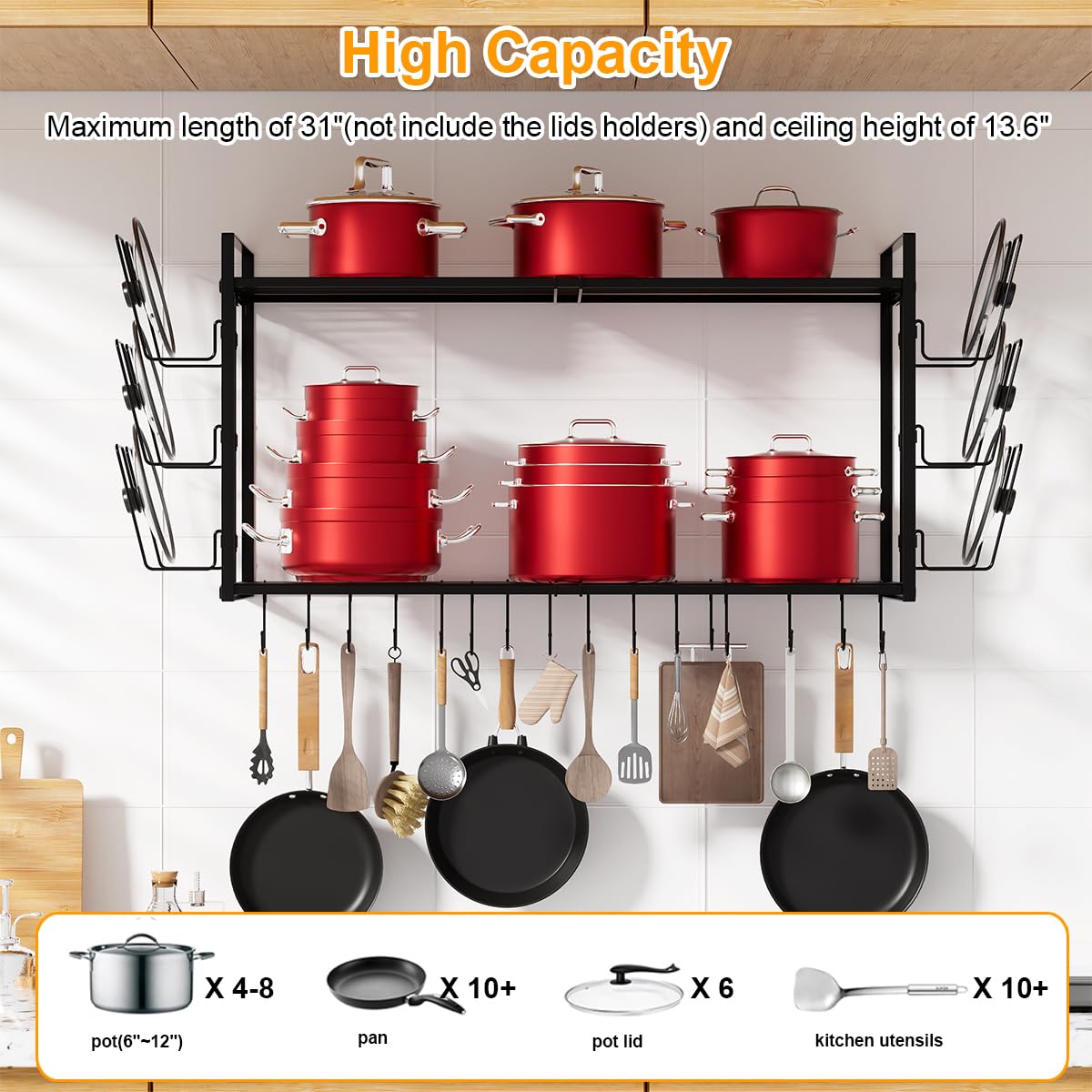 Homics capacidad para ollas y tapas con ganchos y soportes para utensilios.