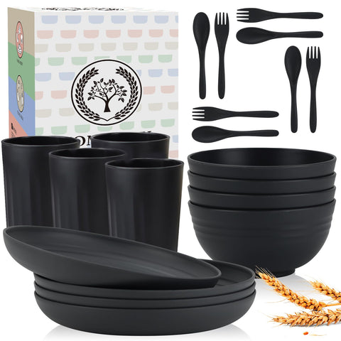 Homienly juego vajilla fibra de trigo 20 piezas negro mate, ideal para cenas familiares