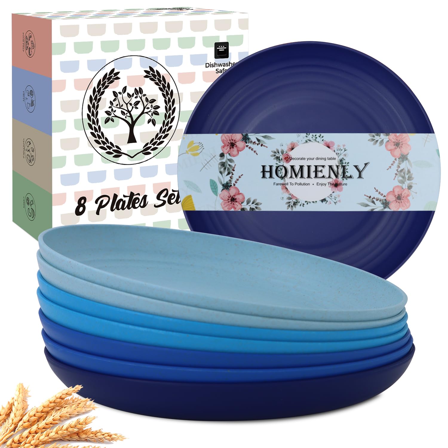 Plato de postre Homienly de 8 pulgadas en azul, ideal para meriendas sin roturas.