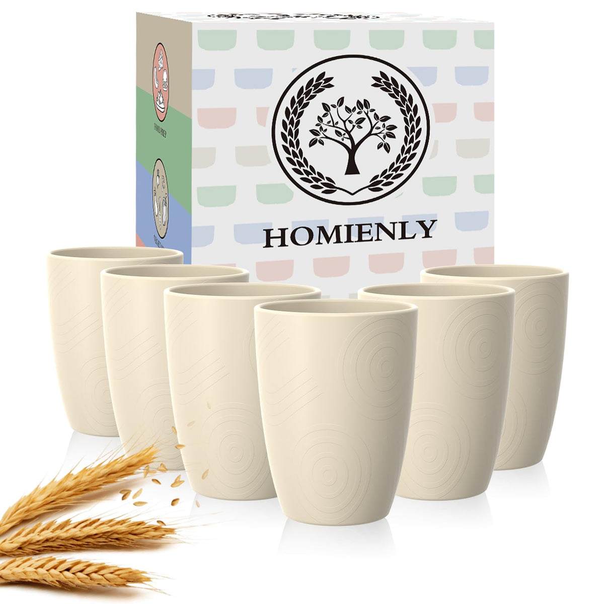 Vasos Homienly de trigo 12oz beige, juego de 6, aptos para uso diario.