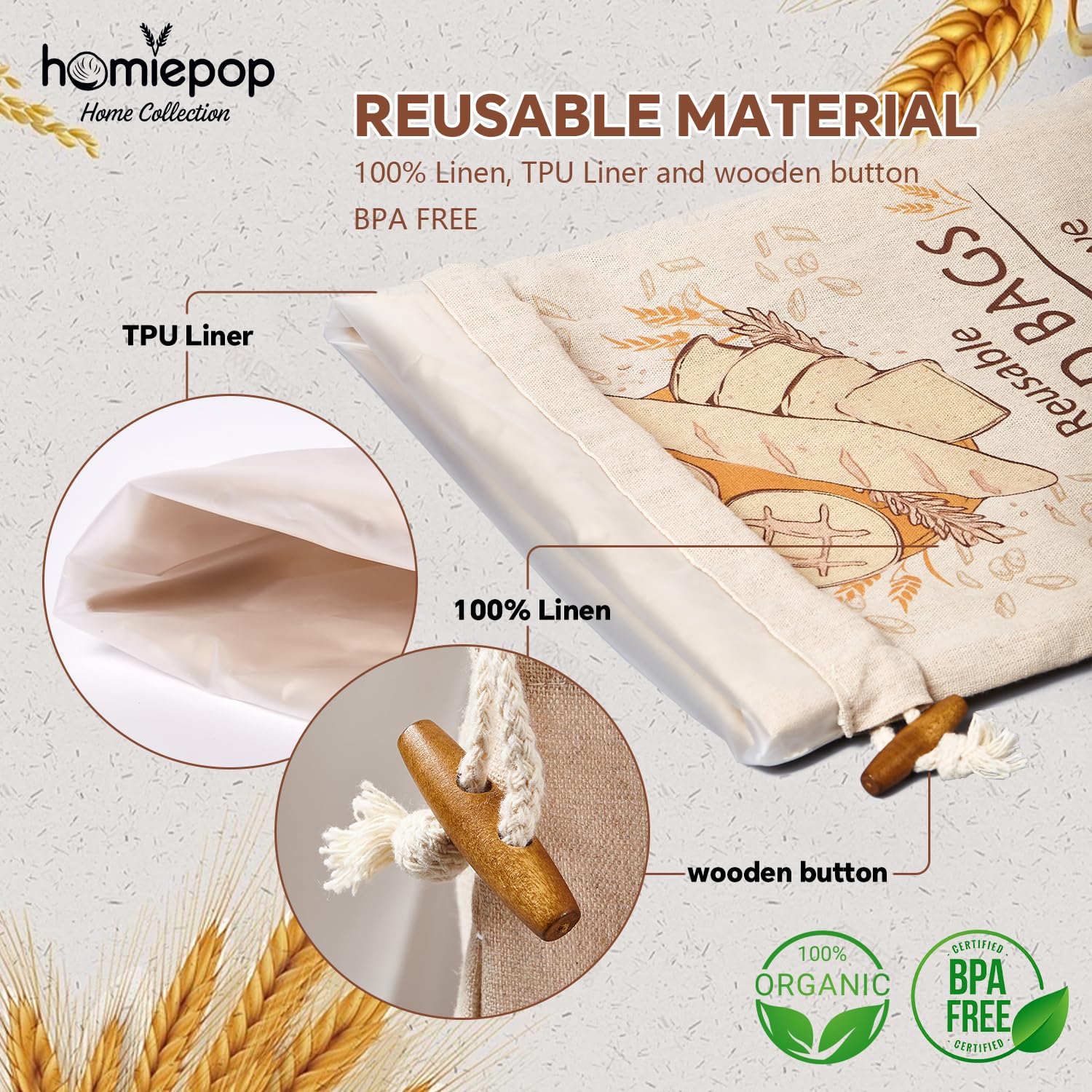 HomiePop cierre cordón y botón de madera protegen el pan del polvo