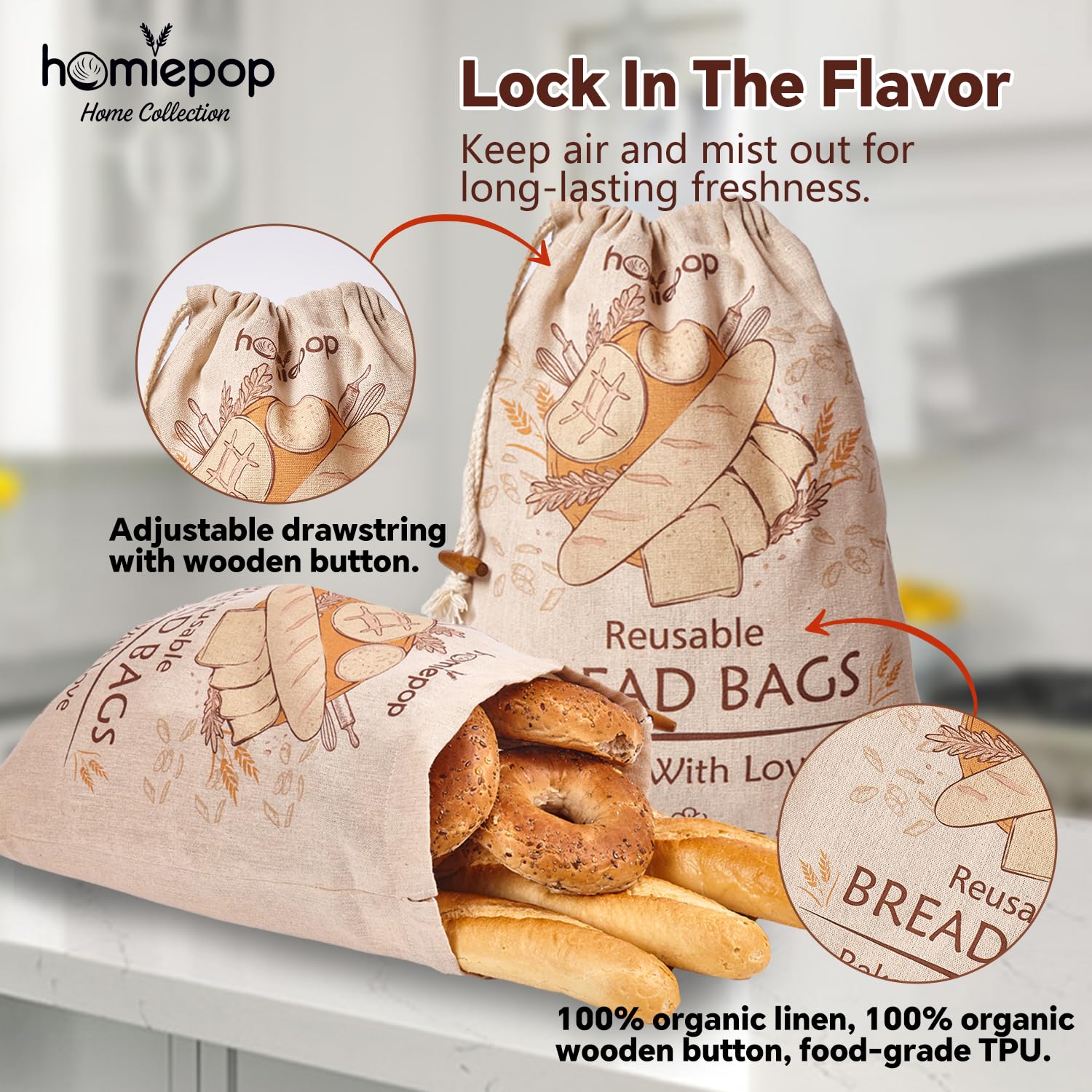 HomiePop bolsas pan 17x13 pulgadas tamaño práctico para hogazas y baguettes