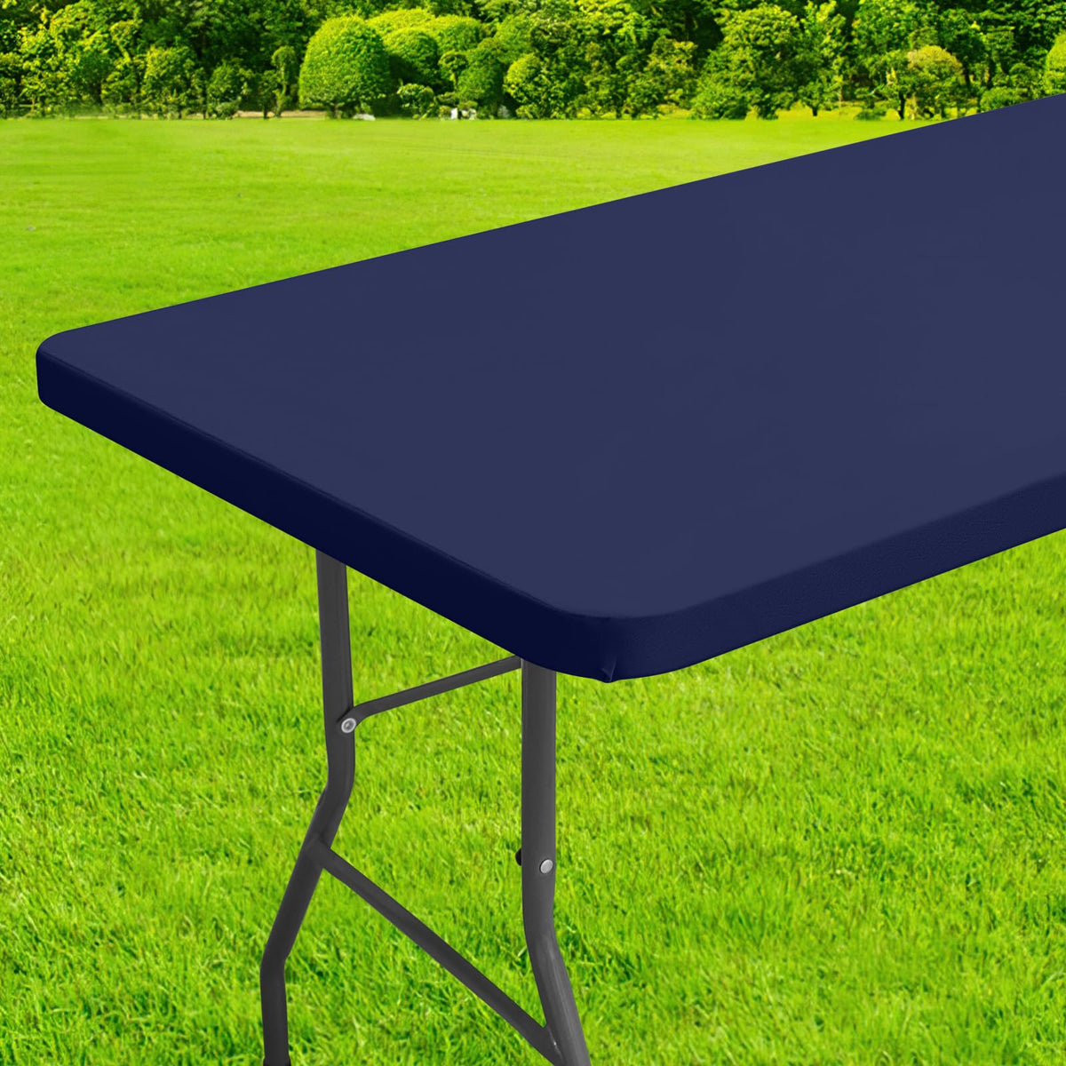 homing mantel rectangular elástico con borde para fijar en mesas plegables al aire libre.