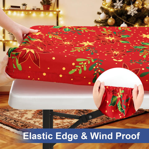 Mantel elástico para mesas de seis pies, contacto estable en ambientes ventosos.