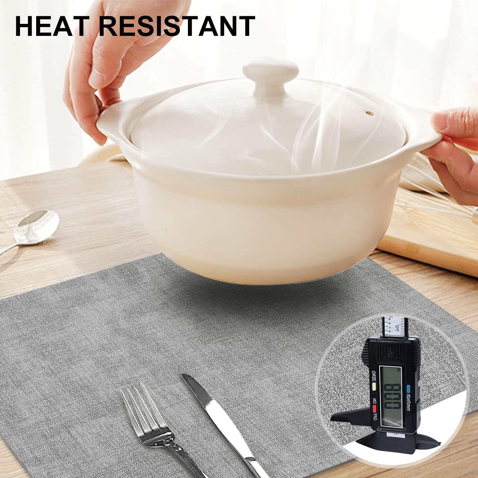 Homing salvamanteles cuero sintético, diseño gris claro para mesa moderna.