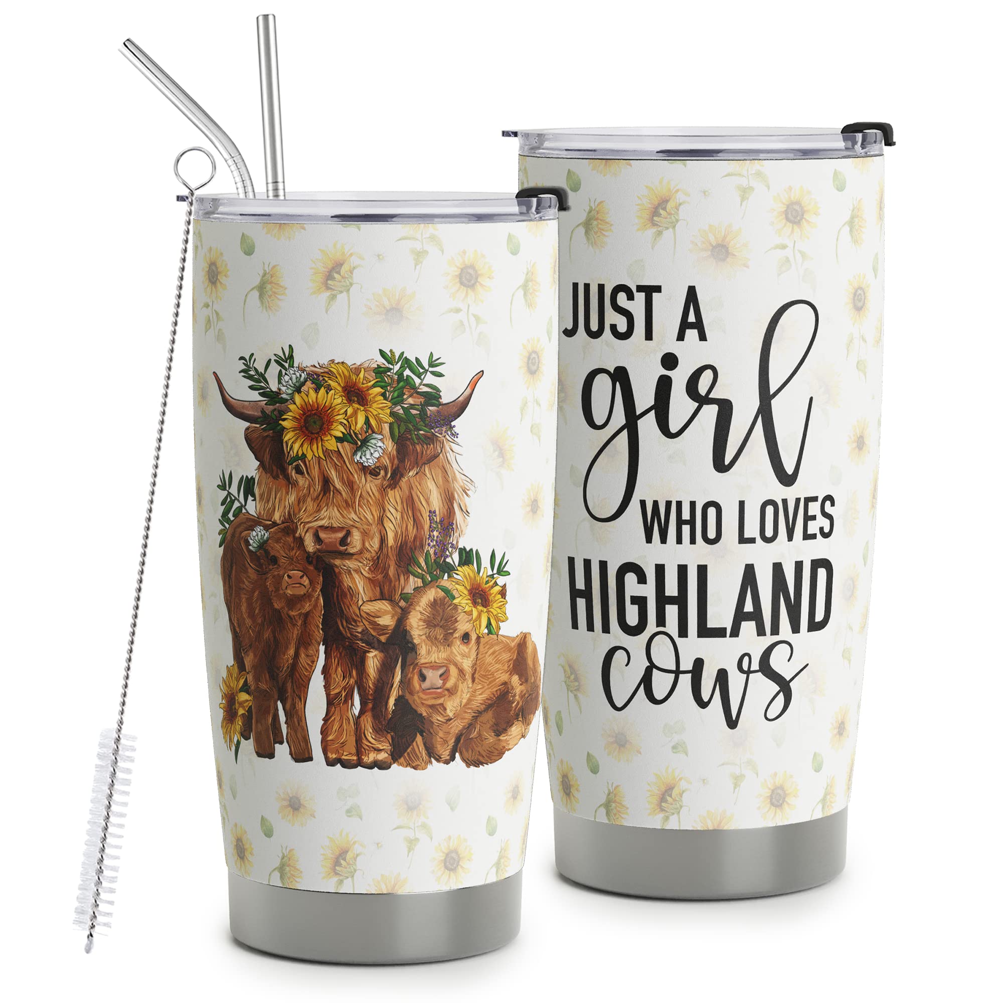 HOMISBES Highland Cow: taza viajera 20oz con tapa y pajilla, ideal para llevar sin derrames.