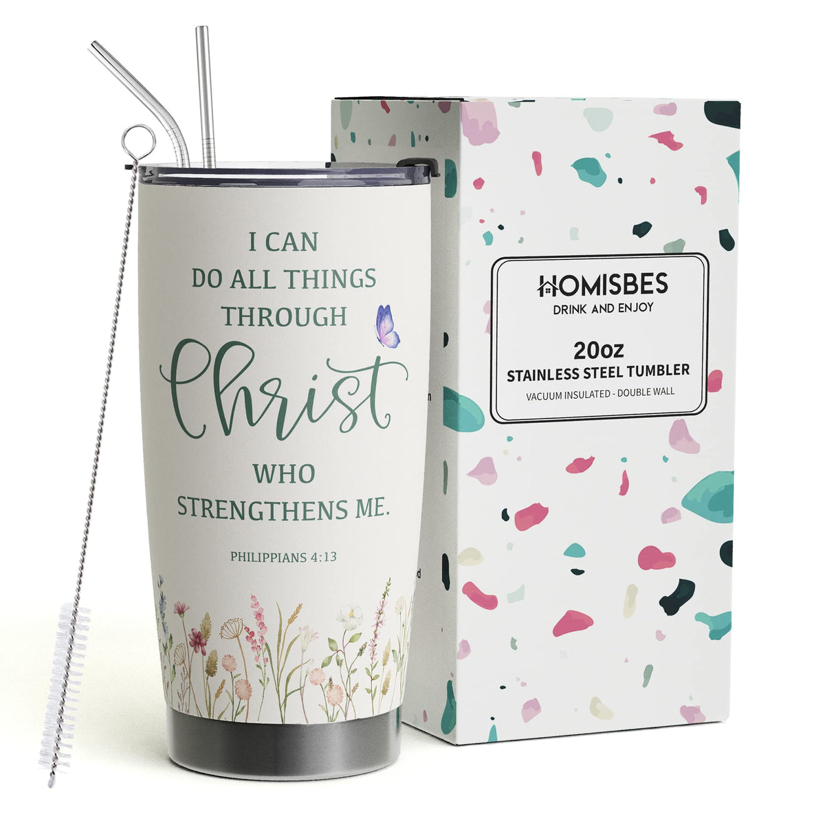 Taza HOMISBES de viaje 20oz con versículo cristiano, ideal para llevar café.