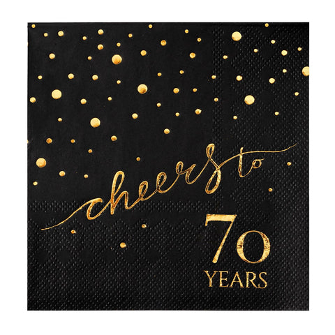HOMIX servilletas cumpleaños 70 negro dorado con frase elegante para la mesa.