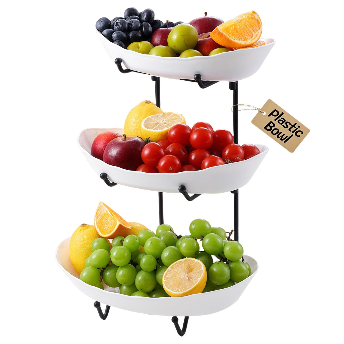 Bandeja HOMKULA de tres niveles en negro para fruta fresca y presentación elegante.