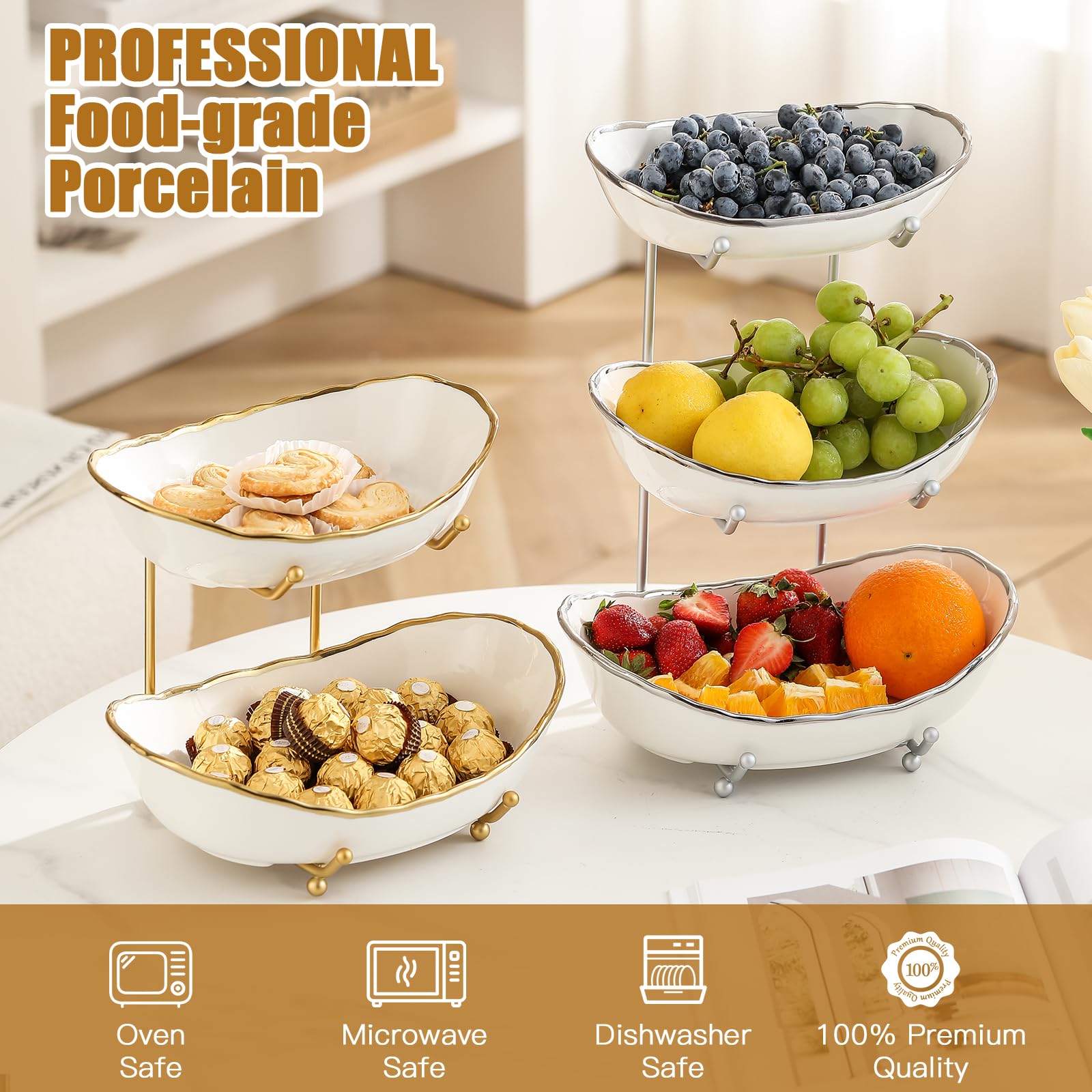 Base metálica estable HOMKULA sostiene cuencos cerámicos para presentar frutas.