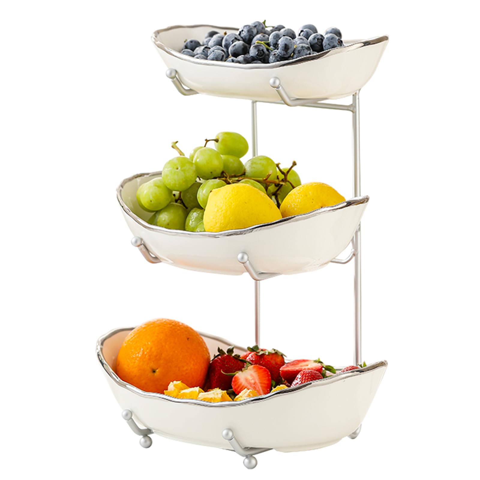 Frutero HOMKULA cerámico de tres niveles con borde plateado para la encimera.