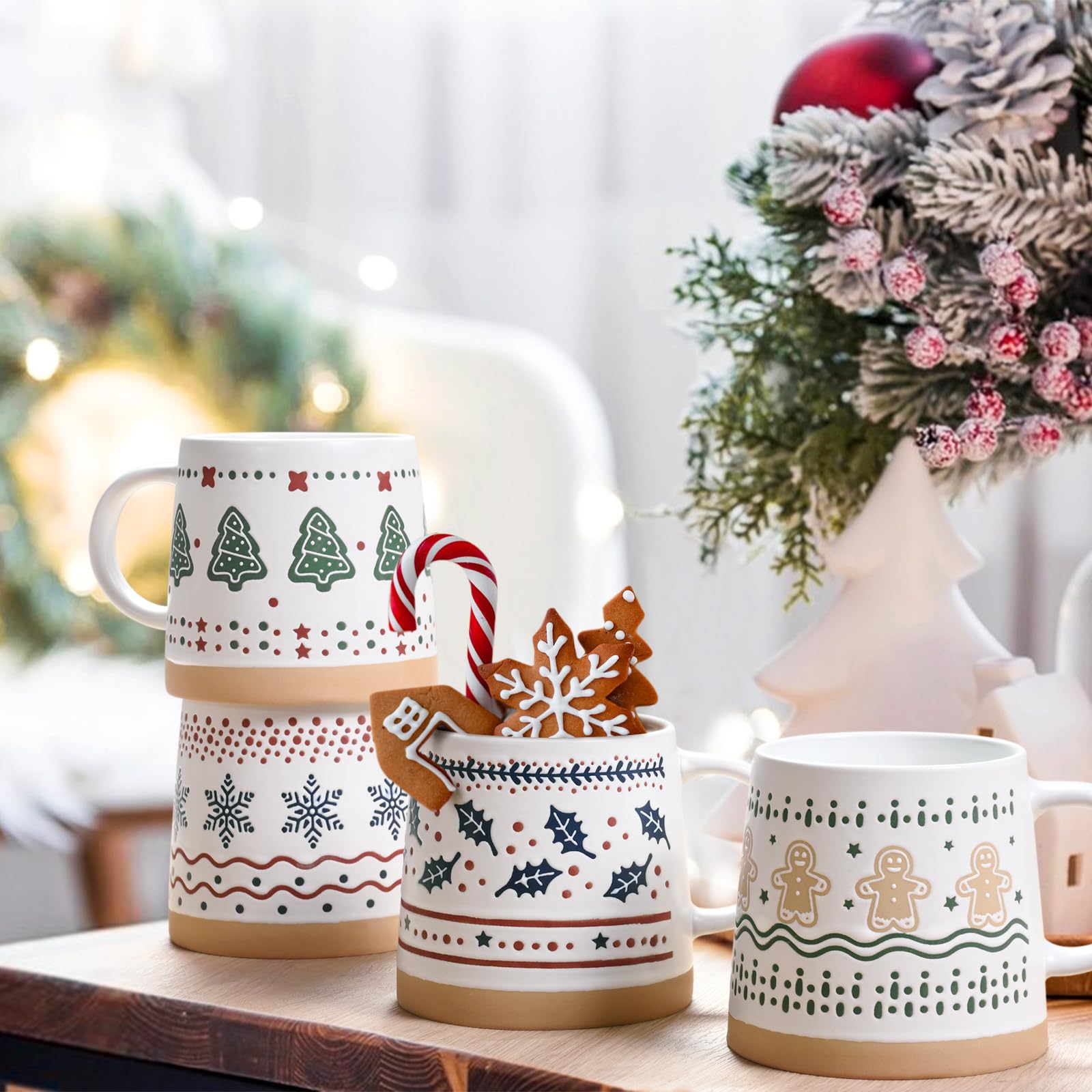 Homloue tazas Navidad con relieve árbol navideño, decoran la mesa