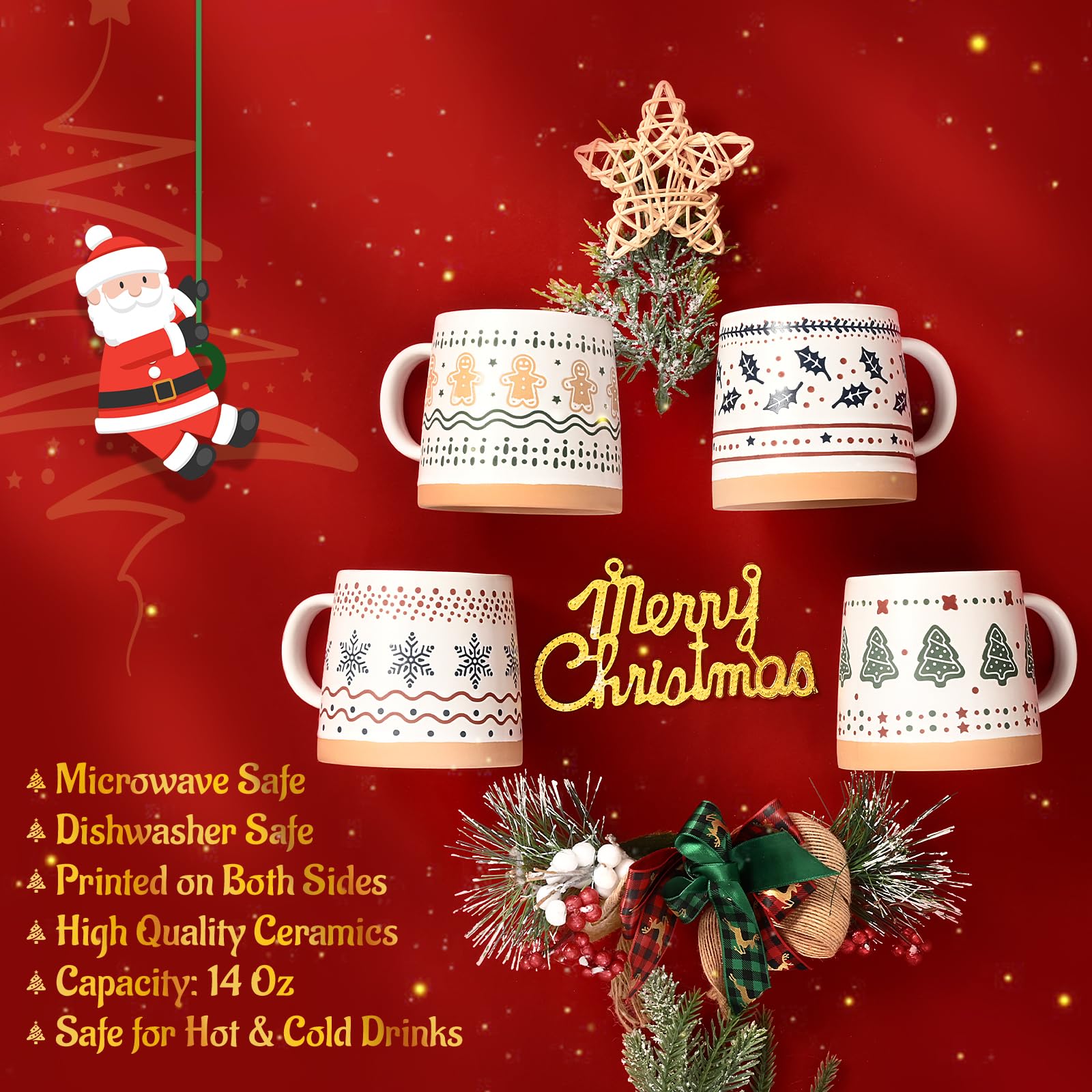 Homloue tazas Navidad con relieve hojas caídas, toque festivo en la mesa