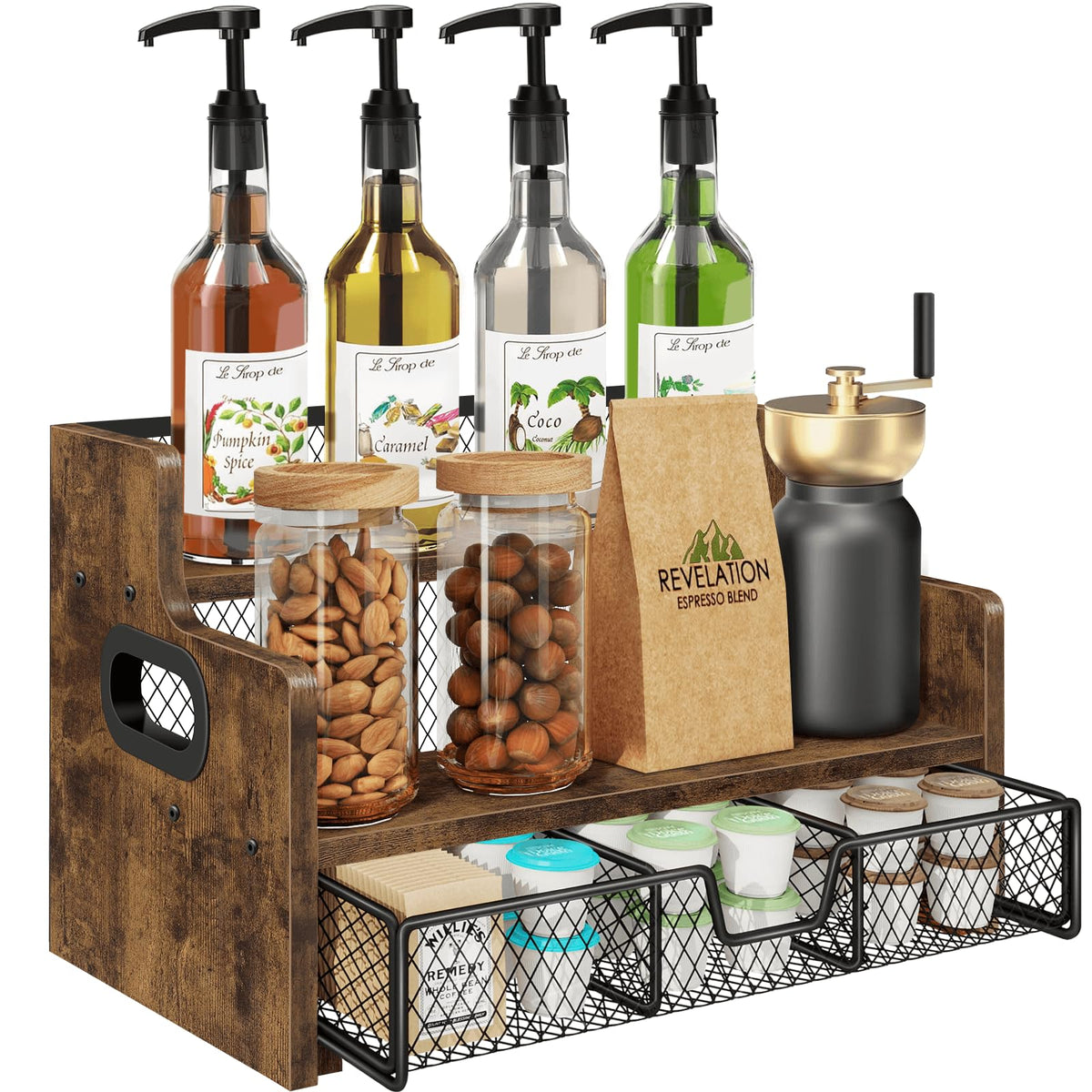 Homode estante para jarabes de café, tres niveles, acceso rápido.