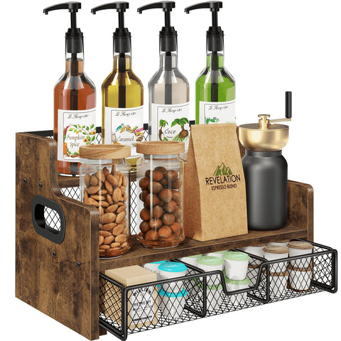 Homode estante para jarabes de café, tres niveles, acceso rápido.