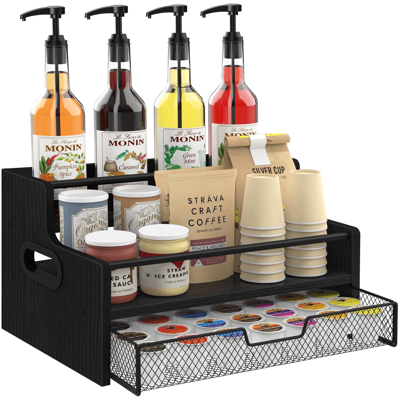 Homode organizador-barra cafe con tres estantes para jarabes y cápsulas.