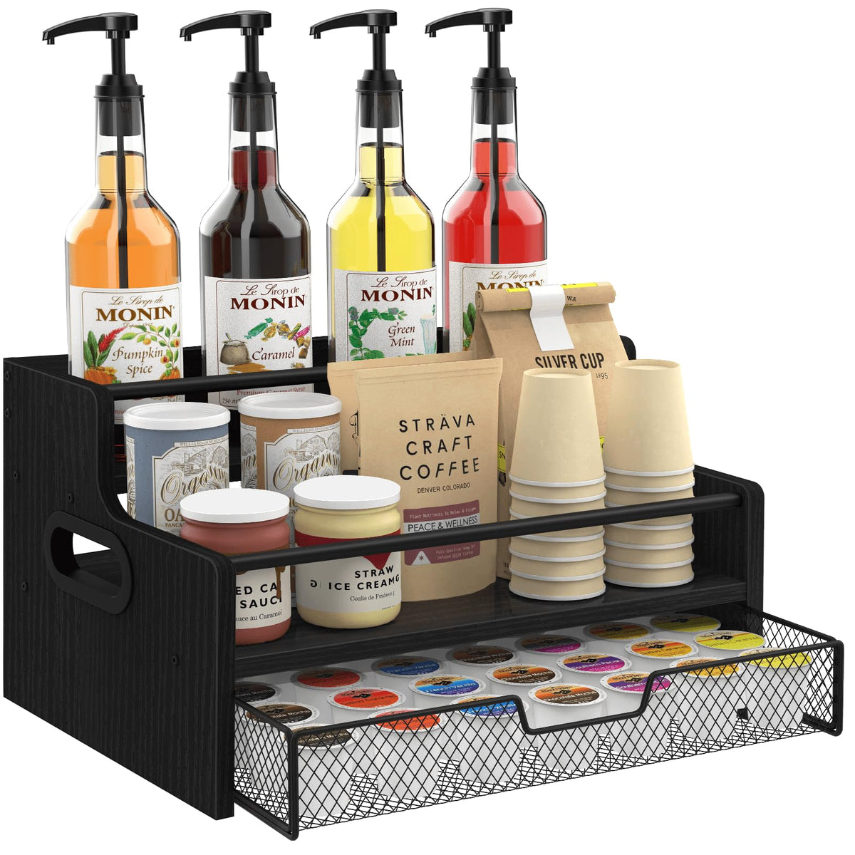 Homode organizador-barra cafe con tres estantes para jarabes y cápsulas.