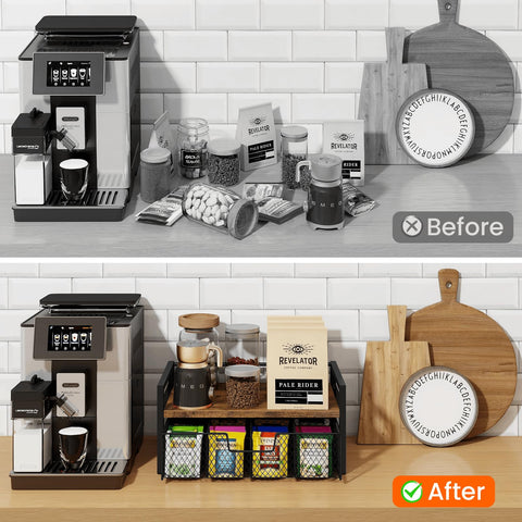 Homode Organizador de bolsitas de té, detalle del grano de madera y marco mate.