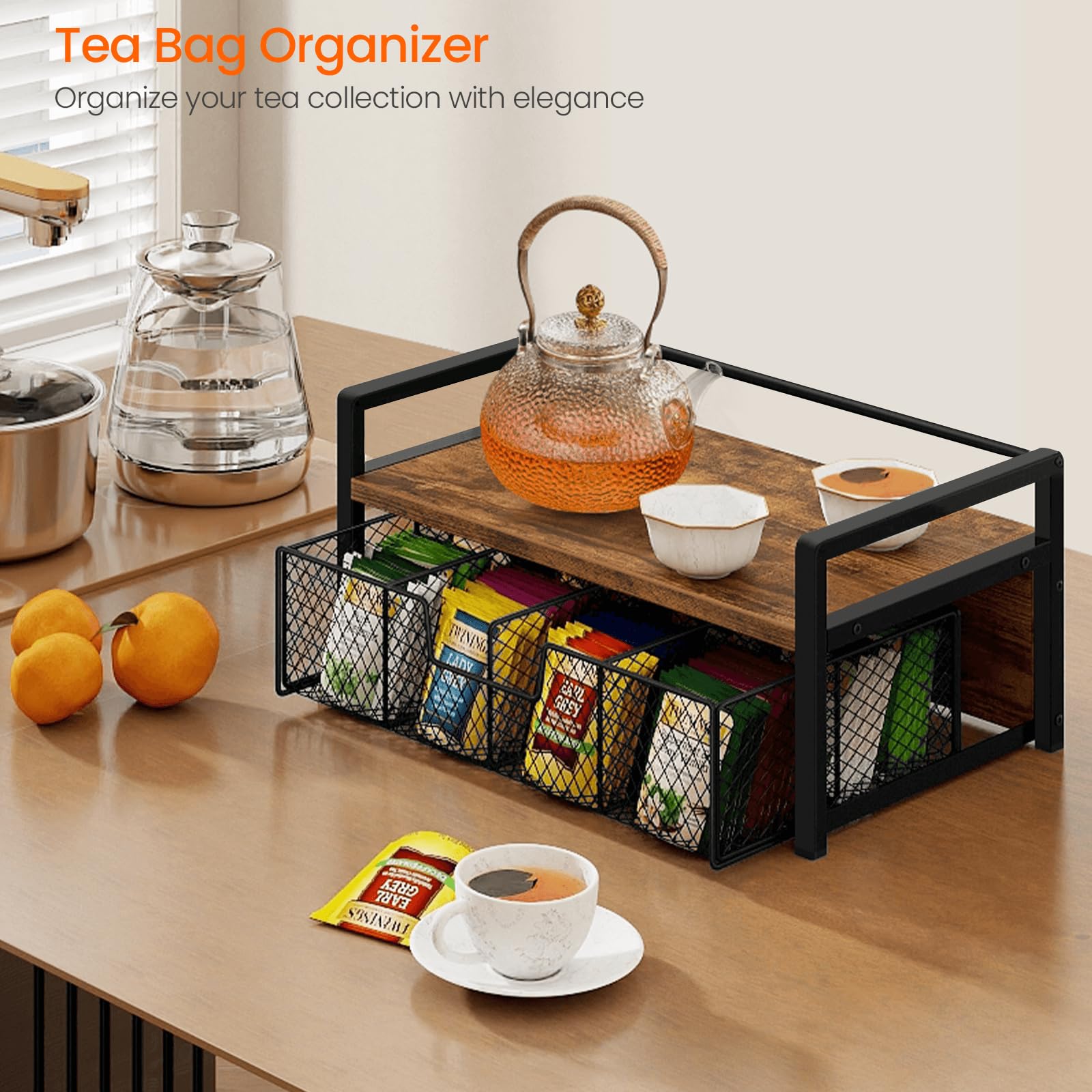 Homode Organizador de bolsitas de té, tapa superior protegida para tazas y accesorios.
