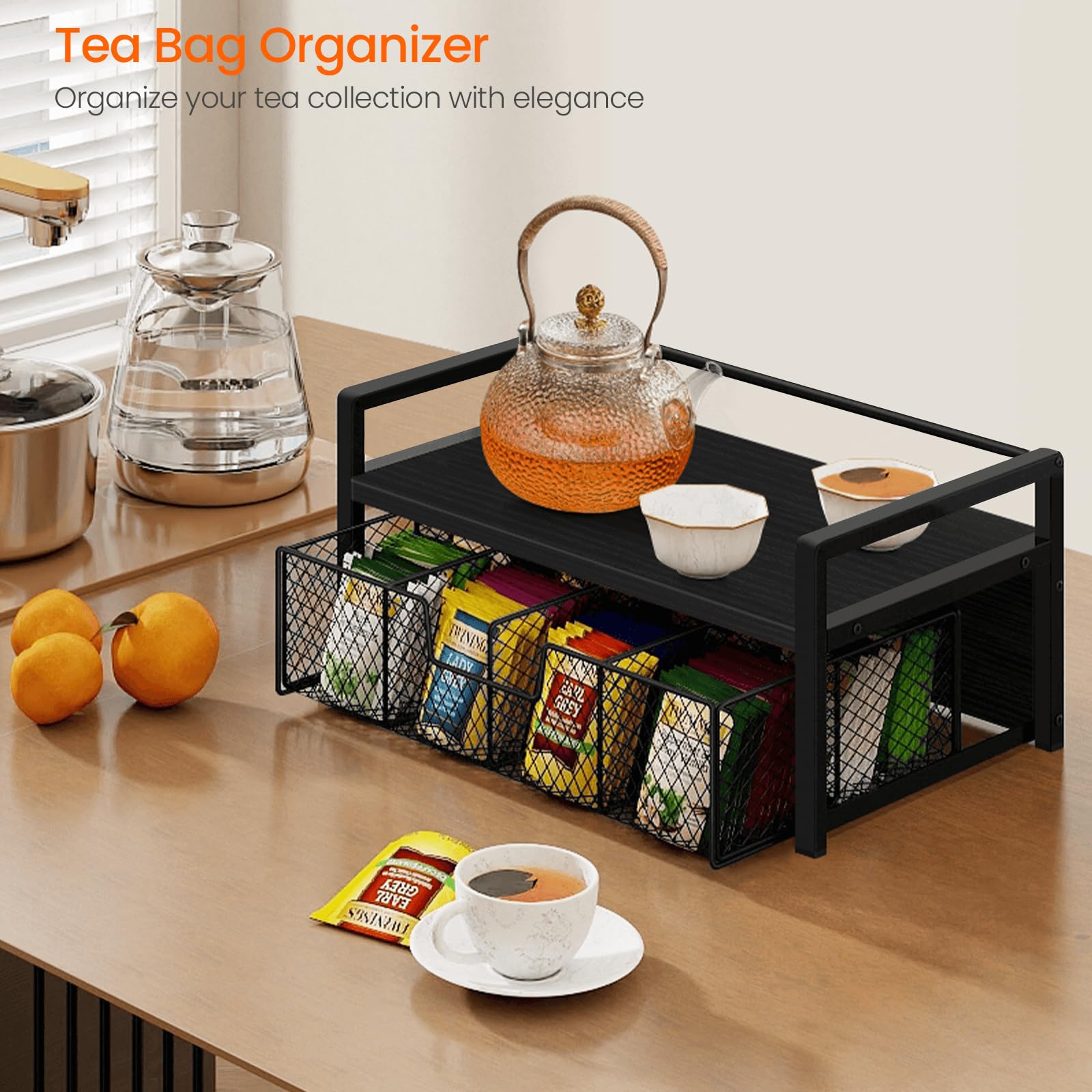 Homode organizador de té con cajón y diseño de madera.