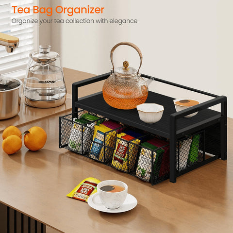 Homode organizador de té con cajón y diseño de madera.