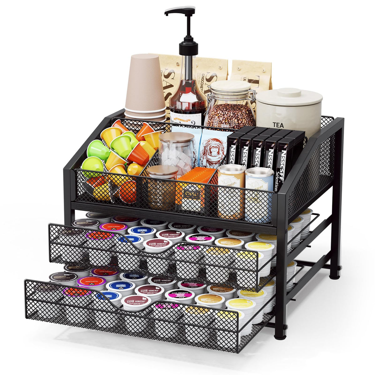 Homsorout organizador-barra-cafe-frente, acceso rápido a cápsulas y tazas.