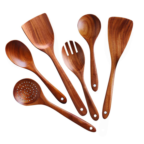 conjunto HOMVIA de utensilios de acacia para cocinar sin rayar sartenes antiadherentes