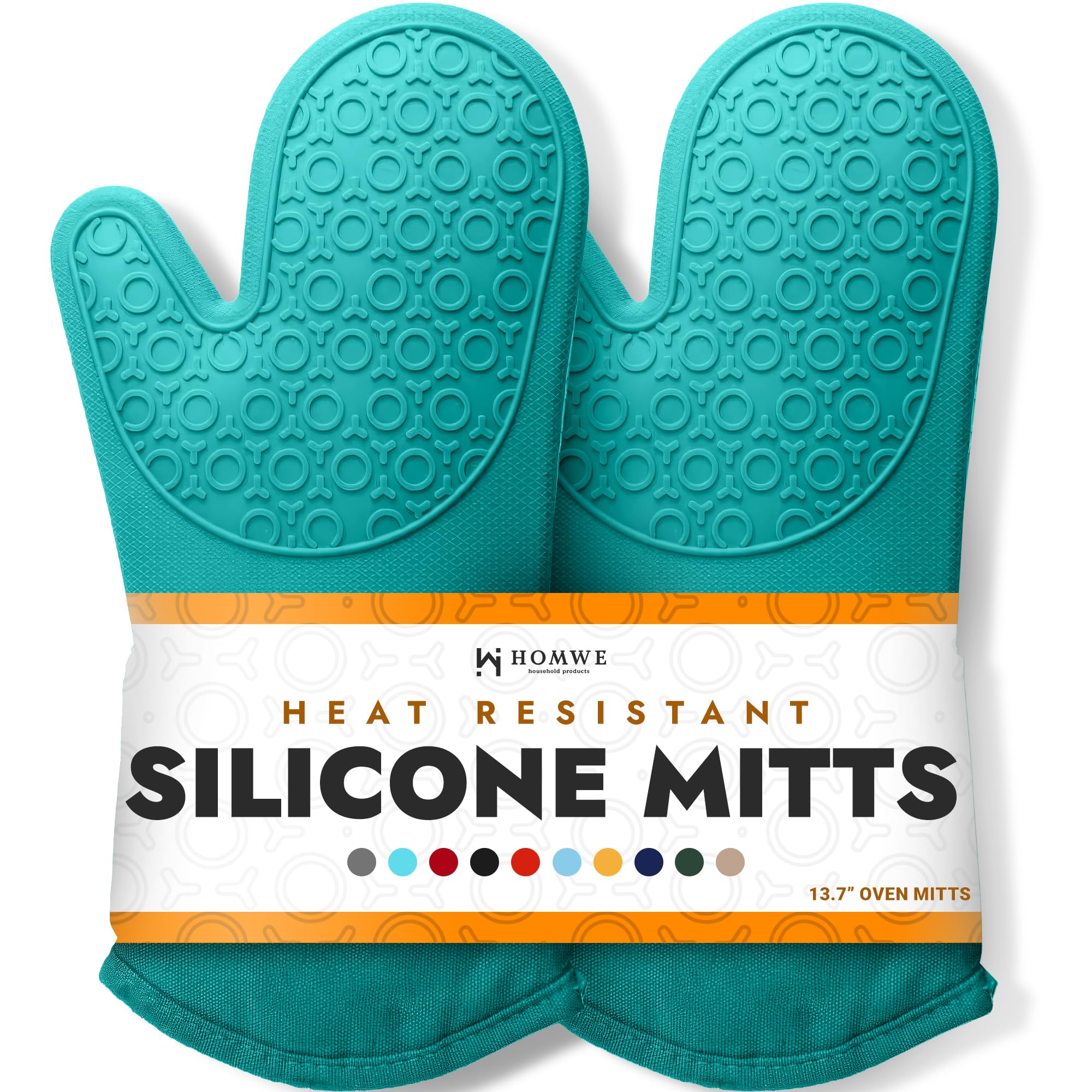 Guantes HOMWE de silicona turquesa, vista frontal, protección para manipular ollas calientes.