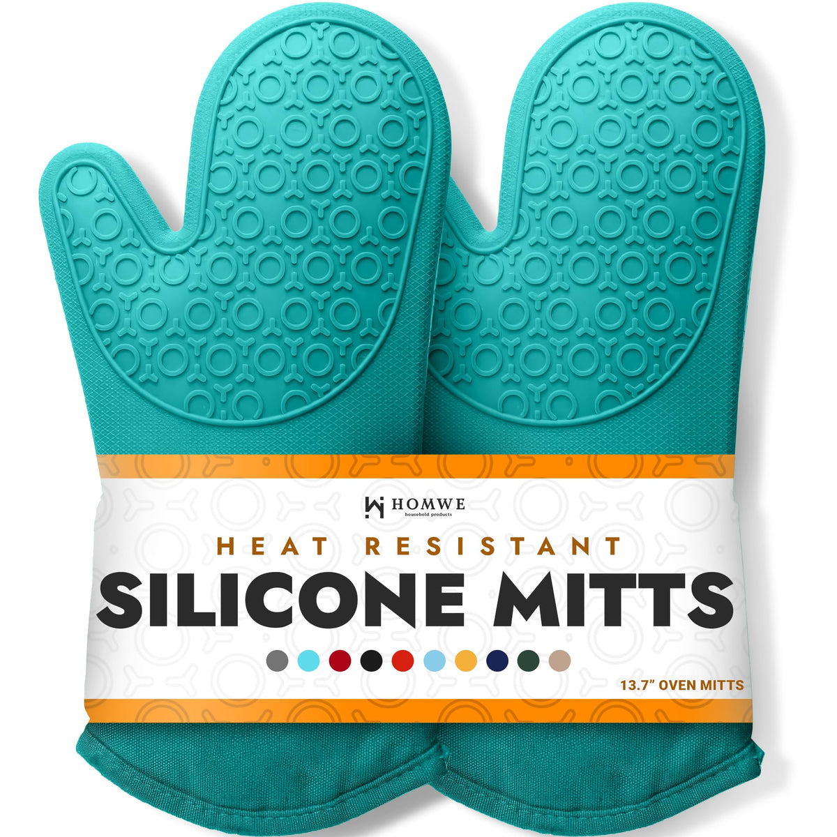 Guantes HOMWE de silicona turquesa, vista frontal, protección para manipular ollas calientes.